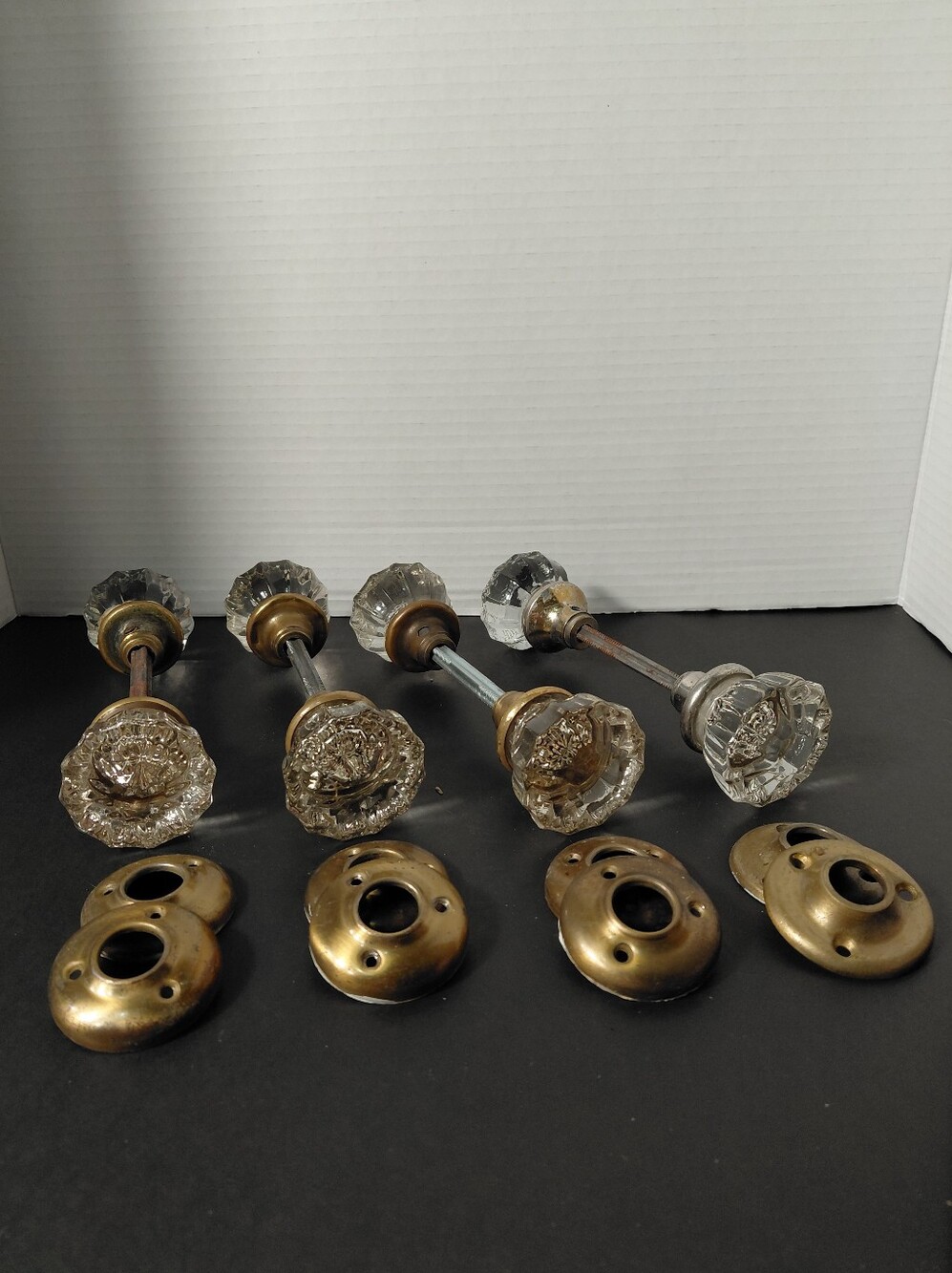 Vintage Clear Glass Crystal Door Knob Set with Brass Rosettes